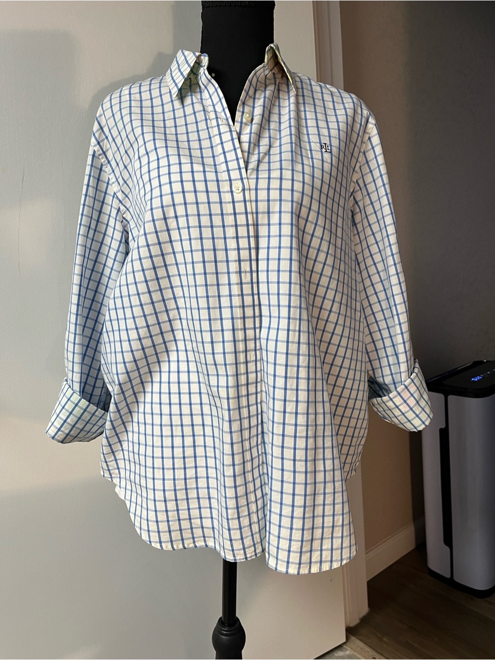 Ralph Lauren White Shirt with Light Blue Windowpane Check